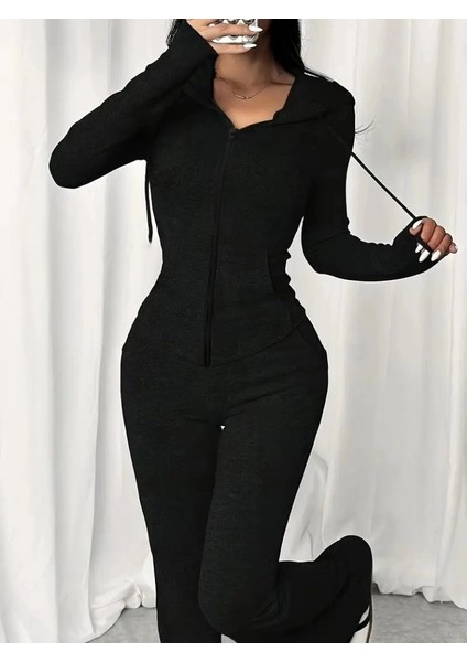 Kadın Uzun Kollu Kapşonlu Bağcıklı Önü Fermuarlı Viskon Iki Iplik Bluz ve Pantolon Ikili Takım fiyatları