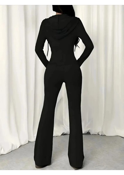 Kadın Uzun Kollu Kapşonlu Bağcıklı Önü Fermuarlı Viskon Iki Iplik Bluz ve Pantolon Ikili Takım fırsatları