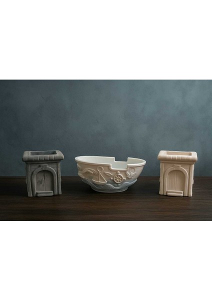 3'lü El Yapımı Sukulent Saksı Seti - Handmade Taş Tozu Gemi Kaletasarım Kalemlik Mumluk Biblo