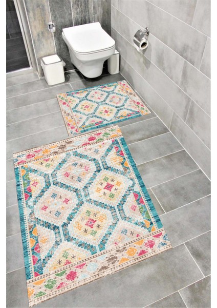 Kaymaz Tabanlı Suya Dayanıklı Dijital Baskılı Banyo Paspası Takımı | Bordo Halı 1535