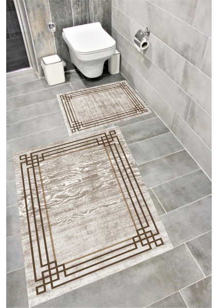 Kaymaz Tabanlı Suya Dayanıklı Dijital Baskılı Banyo Paspası Takımı | Bordo Halı 1650