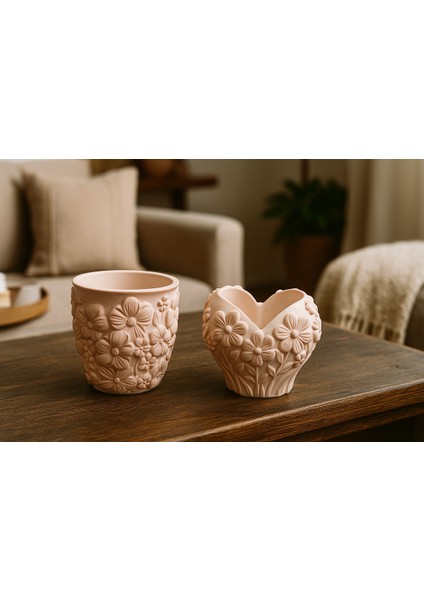 2'li El Yapımı Saksı - Handmade Taş Tozu Kalpli Çiçek Tasarımlı Mumluk Kalemlik Sukulent Obje Bej fiyatları