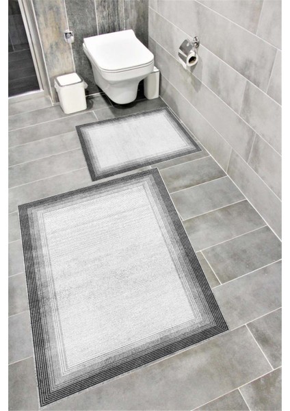 Kaymaz Tabanlı Suya Dayanıklı Dijital Baskılı Banyo Paspası Takımı | Bordo Halı 1507