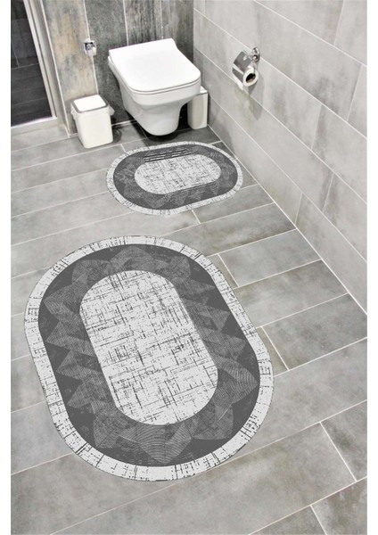 Su Emici Yumuşak Kaymaz Sünger Dolgulu Yıkanabilir Dekoratif Banyo Paspası Takımı 1250ANTRASİTOVAL