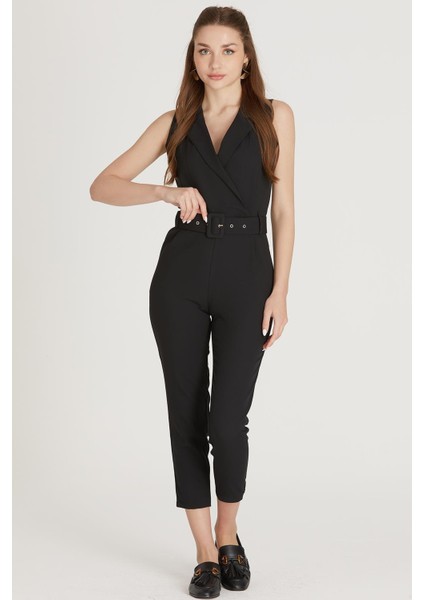 Kuşaklı Kolsuz Tulum M1733 Siyah