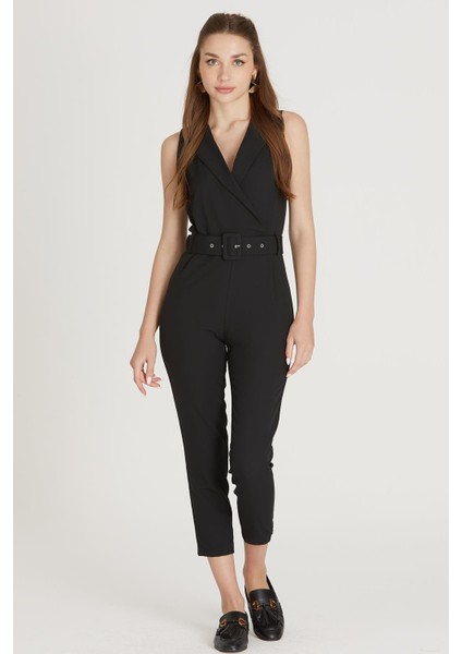 Kuşaklı Kolsuz Tulum M1733 Siyah