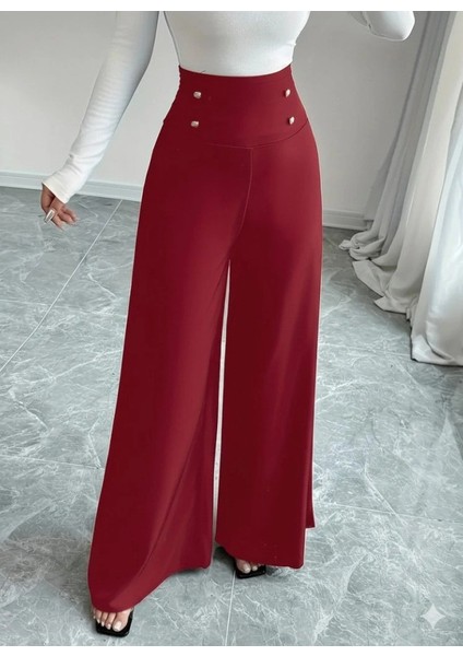 Kadın Yüksek Bel Düğmeli Geniş Paçalı Ithal Krep Pantolon modelleri
