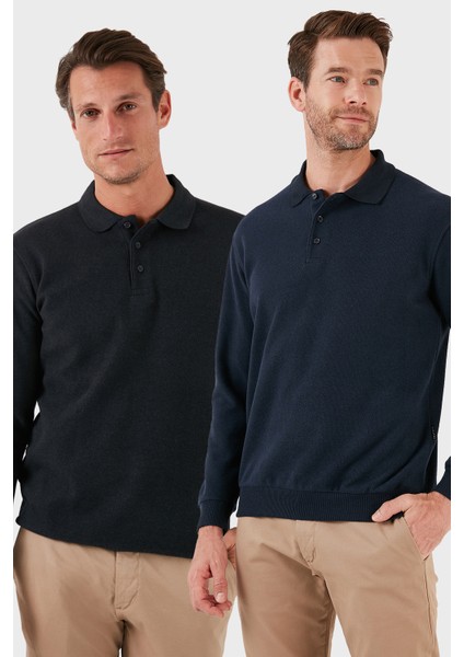 Pamuk Karışımlı Regular Fit 2'li Paket Polo Yaka Kazak Erkek Polo Yaka Kazak 456223S2