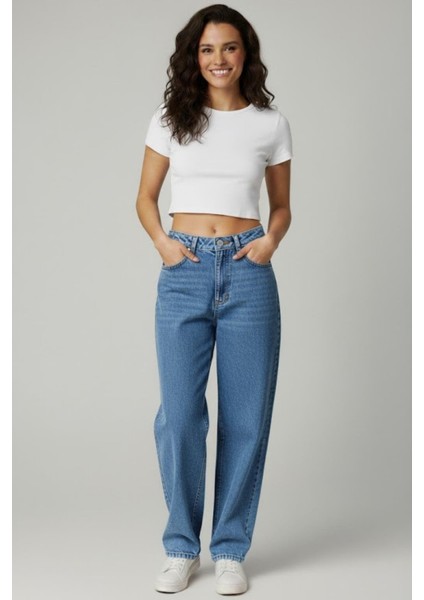 Kadın Yüksek Bel Baggy Pantolon M1447 Kar Yıkama