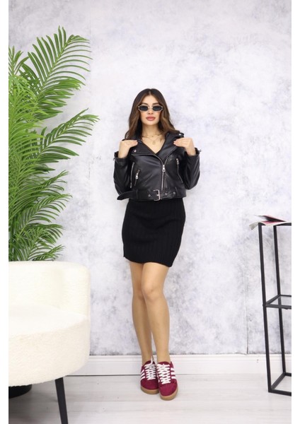 Kısa Fermuarlı Deri Ceket M4765 Siyah