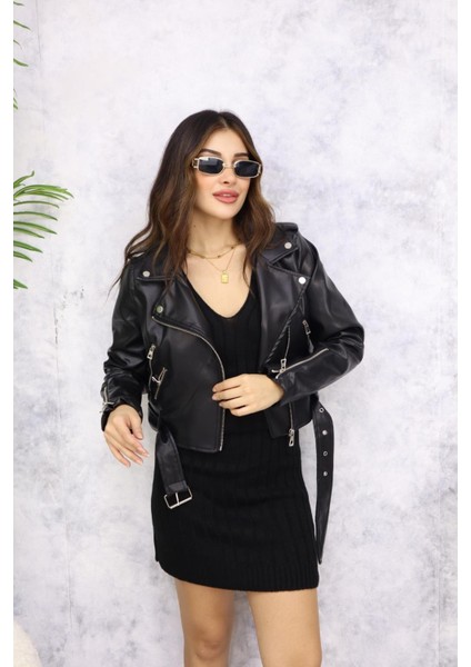 Kısa Fermuarlı Deri Ceket M4765 Siyah fiyatları