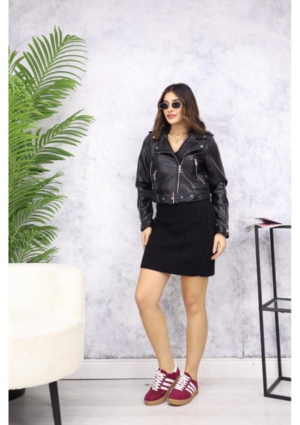 Kısa Fermuarlı Deri Ceket M4765 Siyah fırsatları