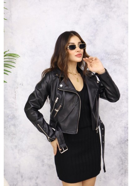 Kısa Fermuarlı Deri Ceket M4765 Siyah indirimleri