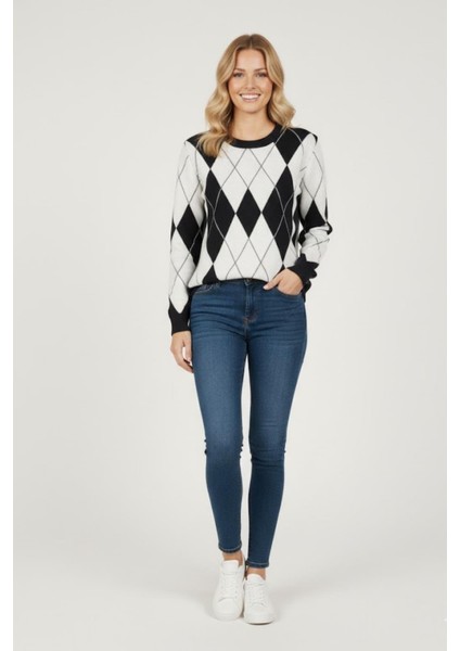 Kadın Baklava Desenli Triko Kazak MKP126 Siyah