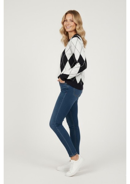 Kadın Baklava Desenli Triko Kazak MKP126 Siyah fiyatları