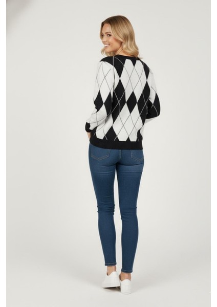 Kadın Baklava Desenli Triko Kazak MKP126 Siyah modelleri