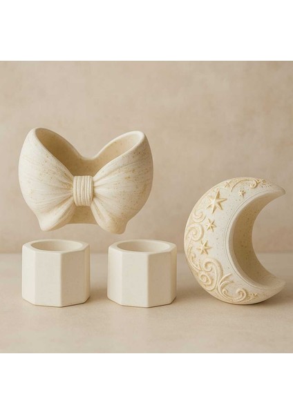 4'lü El Yapımı Dekoratif Saksı Seti - Handmade Taş Tozu Yaldızlı Mumluk Kalemlik Sukulent Seti Vazo