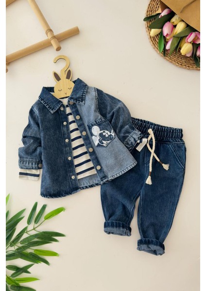Mcky Baskılı 3 Lü Kot Erkek Bebek takım - Mavi
