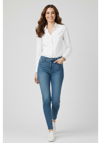 Kadın Beyaz Dar Kesim Gömlek M7733 Beyaz