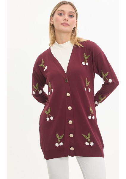 Kiraz Desenli Merserize Triko Hırka