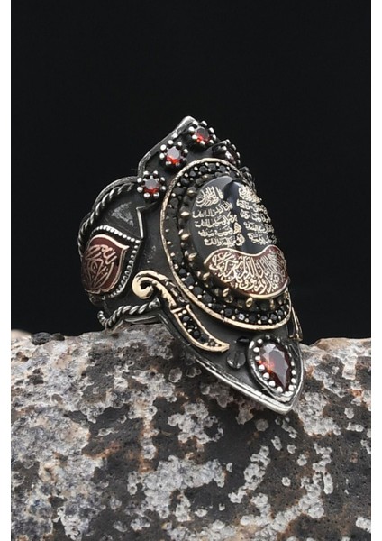 La Galibe Illallah ve Nas ve Felak ve Ihlas Sureleri Yazlı Mineli Ayarlanabilir Zihgir 925 Ayar Gümüş Erkek Yüzük 902341