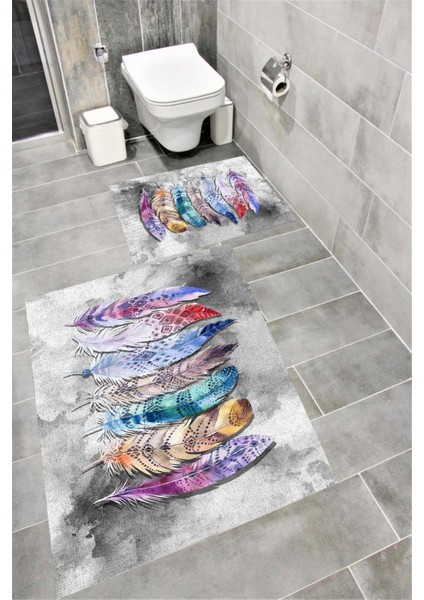 Kaymaz Tabanlı Suya Dayanıklı Dijital Baskılı Banyo Paspası Takımı | Bordo Halı 1422