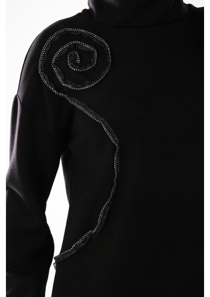 2285_KADIN Taş ve Tül Şerit Işlemeli Dik Yaka Tunik ve Boru Paça Pantolon Takımı -Esnek Kumaş, Siyah fırsatları