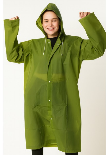 Unisex Su Geçirmez Kapüşonlu Haki Yağmurluk | Boy 120 cm – En 70 cm