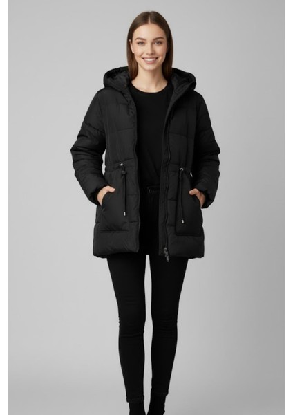 Kürk Kapüşonlu Uzun Şişme Mont M0160 Siyah