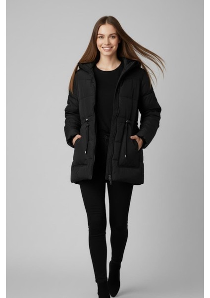 Kürk Kapüşonlu Uzun Şişme Mont M0160 Siyah fiyatları