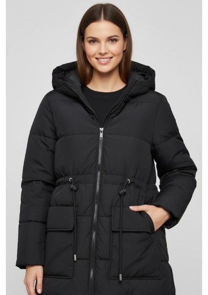 Kürk Kapüşonlu Uzun Şişme Mont M0160 Siyah fırsatları