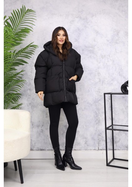 Oversize Kapüşonlu Şişme Mont M150 Siyah