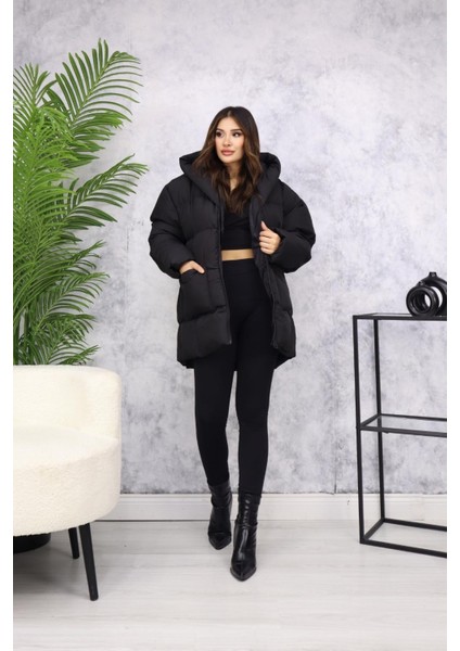 Oversize Kapüşonlu Şişme Mont M150 Siyah modelleri