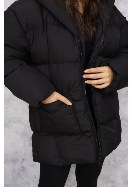 Oversize Kapüşonlu Şişme Mont M150 Siyah fırsatları