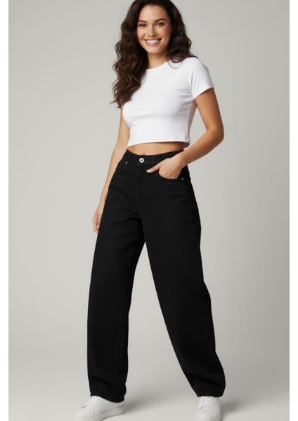 Kadın Yüksek Bel Baggy Pantolon M1447 Siyah