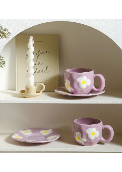 Mor Papatya Desenli Seramik Kupa & Tabak Seti