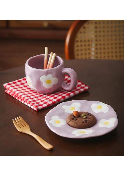 Mor Papatya Desenli Seramik Kupa & Tabak Seti fiyatları