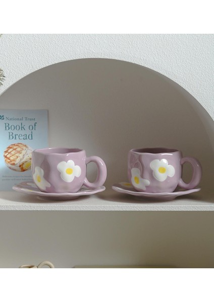 Mor Papatya Desenli Seramik Kupa & Tabak Seti indirimleri