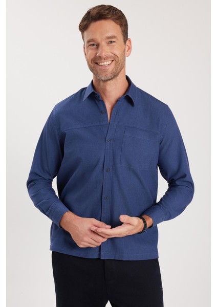 Regular Fit Rahat Kesim Cepli Denim Düğmeli Yaka lacivert Kot Gömlek