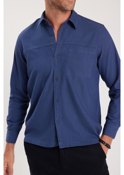 Regular Fit Rahat Kesim Cepli Denim Düğmeli Yaka lacivert Kot Gömlek modelleri