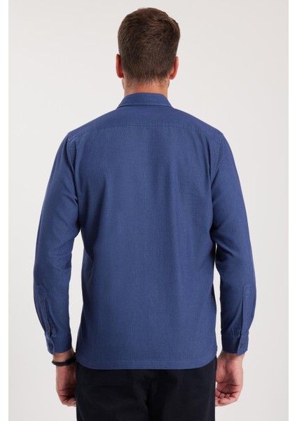 Regular Fit Rahat Kesim Cepli Denim Düğmeli Yaka lacivert Kot Gömlek