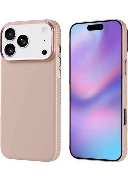 iPhone 17 Pro Max Kılıf M-Safe Şarj Özellikli Karbon Fiber Görünümlü Omsy Nekst Kapak - Bej