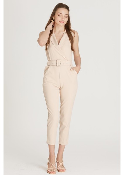 Kuşaklı Kolsuz Tulum M1733 Bej indirimleri