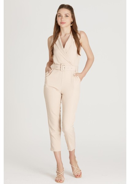 Kuşaklı Kolsuz Tulum M1733 Bej