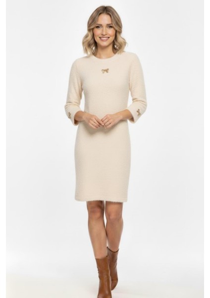 Kadın Fiyonk Detaylı Triko Elbise M7504 Taş