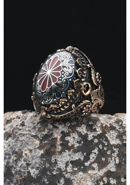 Özel Tasarım Selçuklu Zarafeti Işlemeli Mineli Vav Elif Işlemeli 925 Ayar Gümüş Erkek Yüzüğü 902342