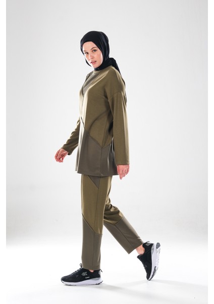 2283_PATCH ve Dikiş Detaylı Esnek Kumaş Tesettür Kadın Spor Eşofman Takımı –cepli Havuç Fit Pantolon