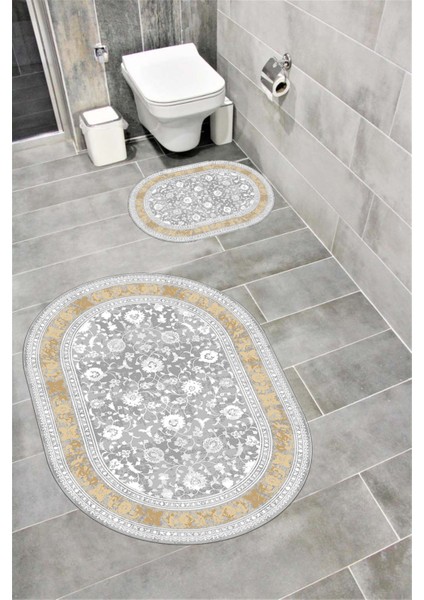 Su Emici Yumuşak Kaymaz Taban Sünger Dolgulu Yıkanabilir Dekoratif Banyo Paspası Takımı 1018 Oval