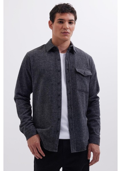 Erkek Slim Fit Tek Cep Kapaklı Düz Oduncu Spor Koyu Gri Gömlek