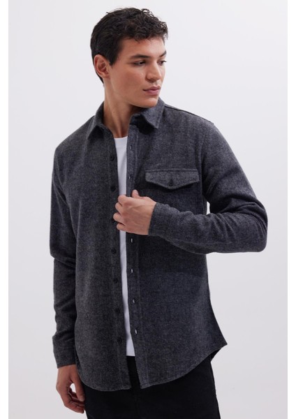 Erkek Slim Fit Tek Cep Kapaklı Düz Oduncu Spor Koyu Gri Gömlek fiyatları